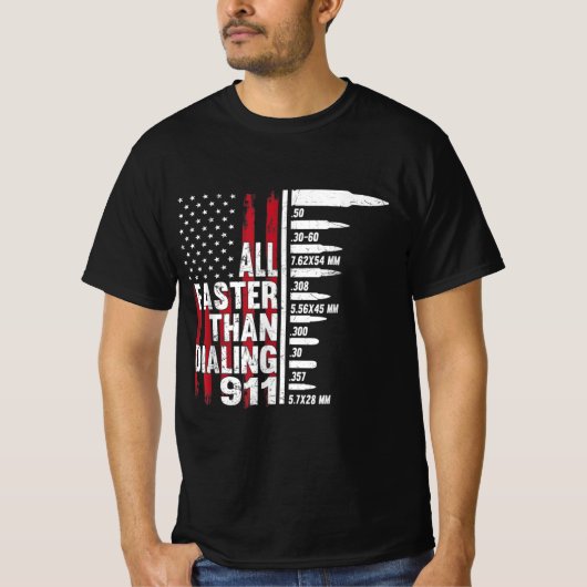 911アメリカ国旗の銃をダイヤルするよりも速く Tシャツ (正面)
