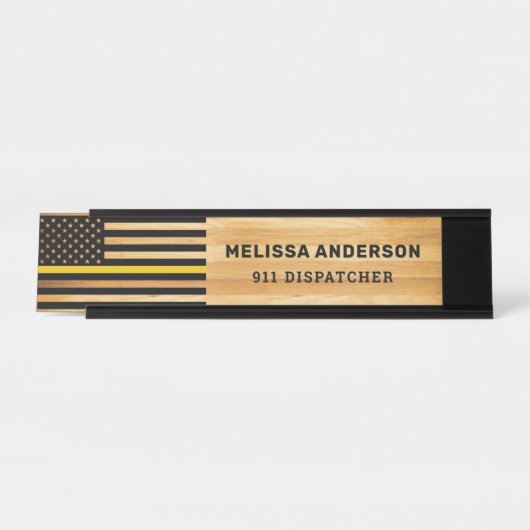 911 Dispatcherの細い金ゴールド線フラグ素朴木材 デスクネームプレート (正面)