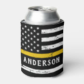 911 Dispatcherシンパーソナライズされた金ゴールド・ライン・フラグ 缶クーラー (缶正面)