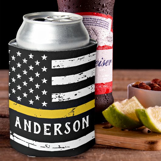 911 Dispatcherシンパーソナライズされた金ゴールド・ライン・フラグ 缶クーラー