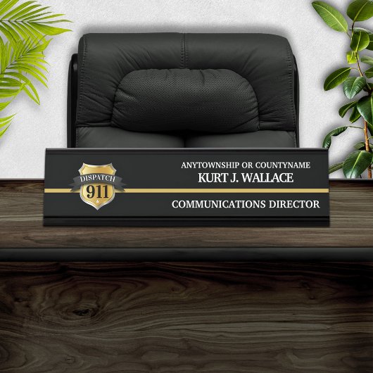 911 Dispatcherシン金ゴールドラインシールド名プレート デスクネームプレート
