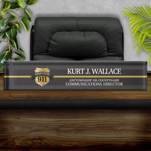 911 Dispatcher薄型金ゴールド線シールドアクリル デスクネームプレート