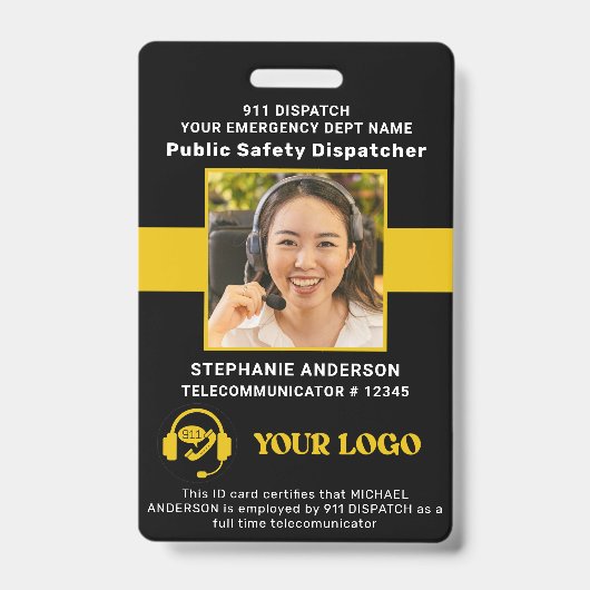 911 Dispatcher IDカスタムフォトシン金ゴールドライン バッジ (正面)