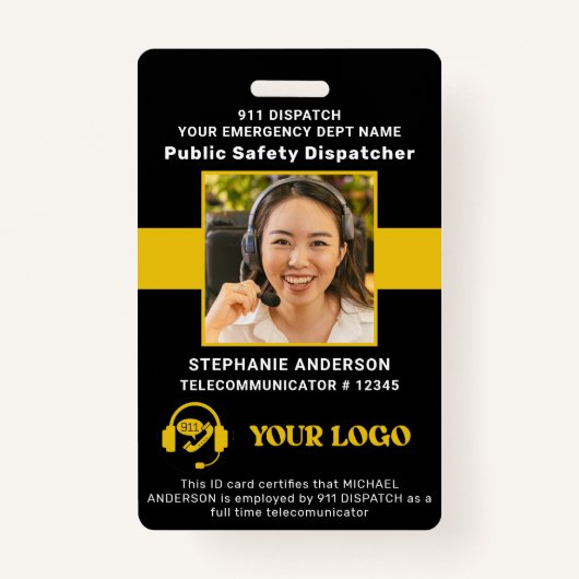 911 Dispatcher IDカスタムフォトシン金ゴールドライン バッジ (正面)