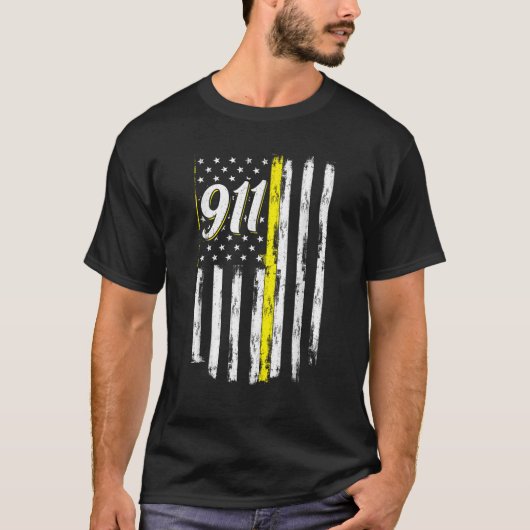 911 Dispatcher Thin Yellow Line Police USAフラグ Tシャツ (正面)