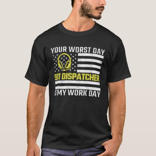 911 Dispatcher USフラグシン金ゴールドライン緊急Di Tシャツ (正面)