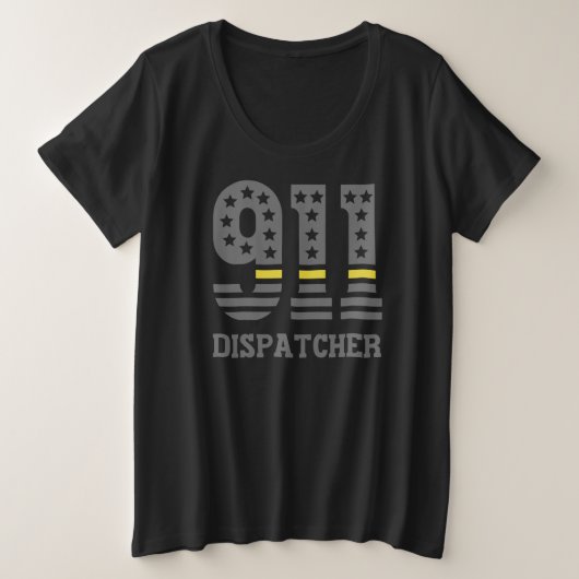911 Dispatcher USAフラグシンイエローラインエマージェンシー プラスサイズTシャツ (デザイン正面)
