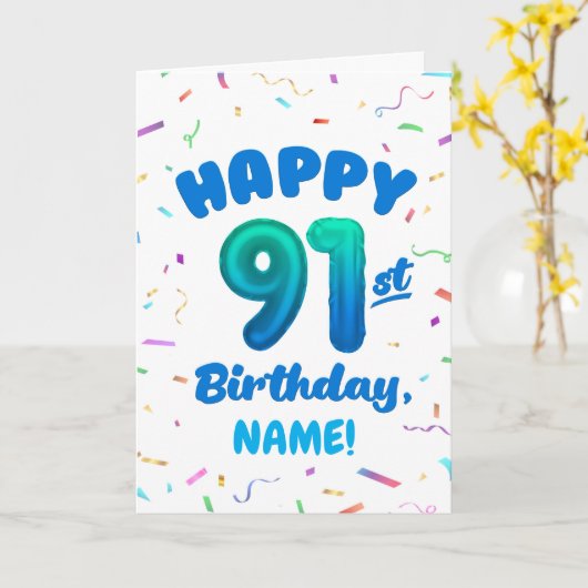 91st Balloon Number Custom Name Birthday Card カード (黄色い花)