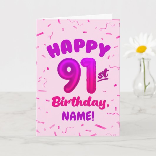 91st Balloon Number Custom Name Birthday Card カード (小さな植物)