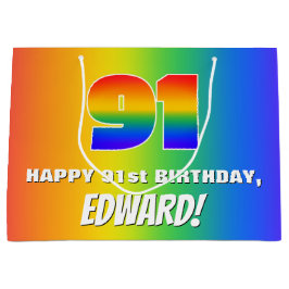 91st Birthday: Colorful, Fun Rainbow Pattern # 91 ラージペーパーバッグ