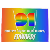 91st Birthday: Colorful, Fun Rainbow Pattern # 91 ラージペーパーバッグ (裏面)