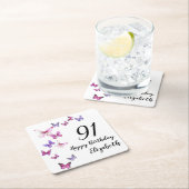 91st Birthday Pink Purple Butterflies  スクエアペーパーコースター (インサイチュ)