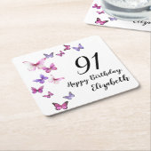 91st Birthday Pink Purple Butterflies  スクエアペーパーコースター (アングル)
