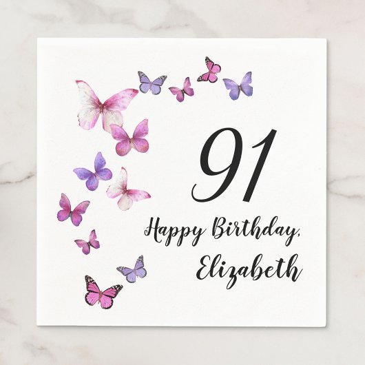 91st Birthday Pink Purple Butterflies  スタンダードカクテルナプキン