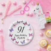 91st Birthday Pink Purple Butterflies  ペーパープレート (パーティー)