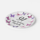 91st Birthday Pink Purple Butterflies  ペーパープレート (アングル)