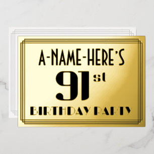 91th誕生日パーティー：アールデコの外観"91"と名前 箔招待状