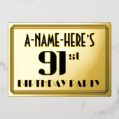 91th誕生日パーティー:アールデコの外観"91"と名前 箔招待状 (正面)