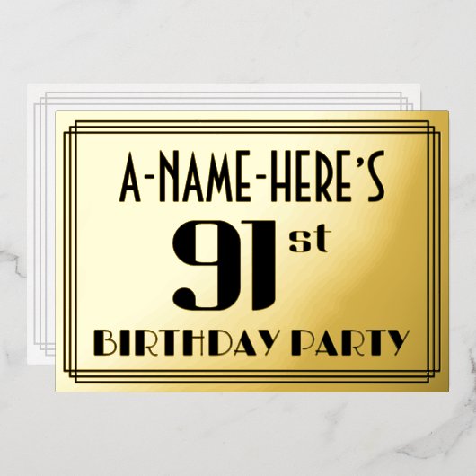 91th誕生日パーティー:アールデコの外観"91"と名前 箔招待状 (正面/裏面)