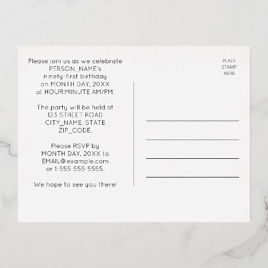 91th誕生日パーティー~アールデコスタイル「91」 +名前 箔招待状ポストカード (裏面)