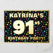 91th Birthday Party —おもしろいカラフル、Stars Pattern 箔招待状 (正面)