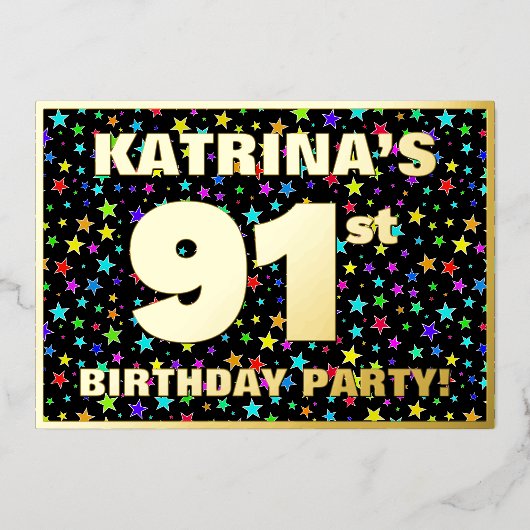 91th Birthday Party —おもしろいカラフル、Stars Pattern 箔招待状 (正面)