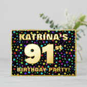 91th Birthday Party —おもしろいカラフル、Stars Pattern 箔招待状 (立ち正面)