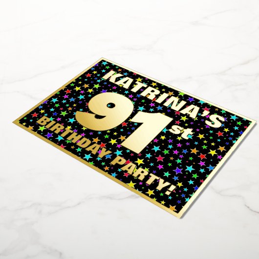 91th Birthday Party —おもしろいカラフル、Stars Pattern 箔招待状 (回転した状態)