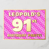 91th Birthday Party —おもしろいピンクのハートとストライプ 箔招待状 (正面)