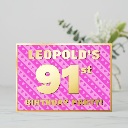 91th Birthday Party —おもしろいピンクのハートとストライプ 箔招待状 (立ち正面)
