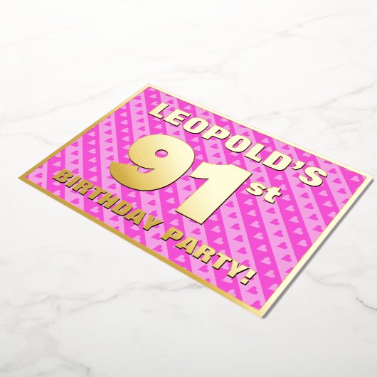 91th Birthday Party —おもしろいピンクのハートとストライプ 箔招待状 (回転した状態)