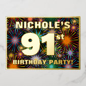 91th Birthday Party —おもしろい、カラフルFireworks Look 箔招待状 (正面)