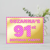 91th Birthday Party —はっきりした、おもしろい、ピンクストライプ色91 箔招待状 (立ち正面)