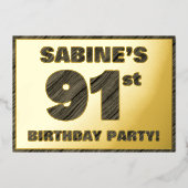91th Birthday Party — はっきりしたWood Grainフェイク文字 箔招待状 (正面)