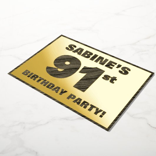 91th Birthday Party — はっきりしたWood Grainフェイク文字 箔招待状 (回転した状態)