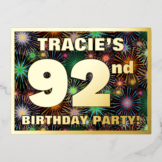 92回目の誕生日パーティはっきりした:, カラフル Fireworks Look 箔招待状ポストカード (正面)