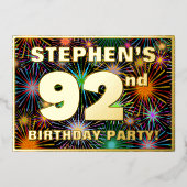 92回目の誕生日パーティー – おもしろいカラフル、Fireworks Look 箔招待状 (正面)