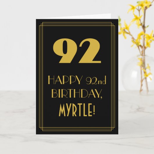 92歳の誕生日お祝い ~ アールデコ調のデザイン「92」と名前 カード (黄色い花)