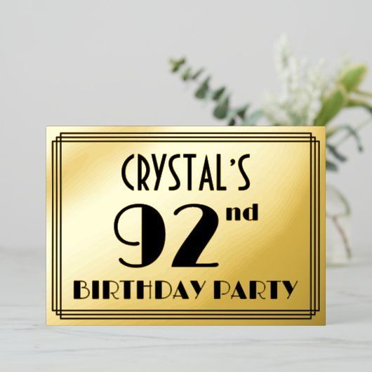 92歳の誕生日パーティー - アールデコ調の「92」+名前 箔招待状 (立ち正面)