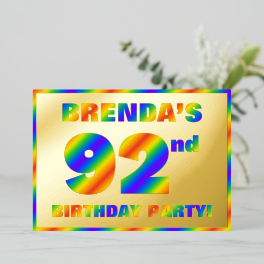 92歳の誕生日パーティー - 楽しい、虹のスペクトル「92」 箔招待状 (立ち正面)