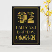 92歳の誕生日:アートデコ調の「92」&名前 カード (黄色い花)
