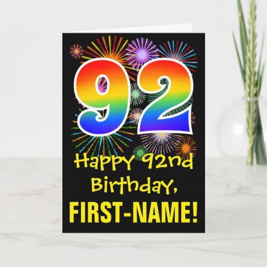 92歳の誕生日：楽しい花火柄 + レインボー92 カード (正面)