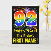 92歳の誕生日：楽しい花火柄 + レインボー92 カード (黄色い花)