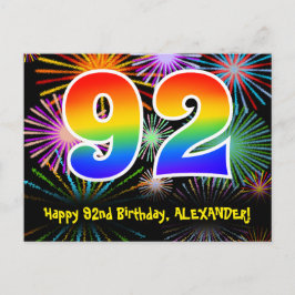 92歳の誕生日 – 楽しい花火模様 + 虹 92 ポストカード