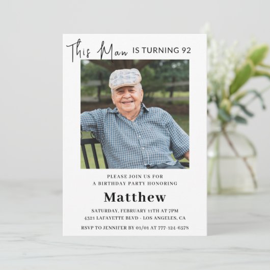 92歳エレガントの誕生日招待状メンズ写真 招待状 (スタンド正面)
