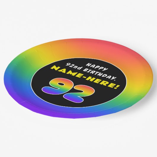 92番目の誕生日カラフル: Rainbow # 92,名前をカスタムする ペーパープレート (アングル)
