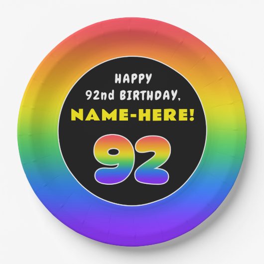 92番目の誕生日カラフル: Rainbow # 92,名前をカスタムする ペーパープレート (正面)