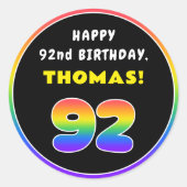 92番目の誕生日カラフル: Rainbow # 92,名前をカスタムする ラウンドシール (正面)