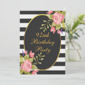 92番目の誕生日フローラストライプ白黒ゴールドフォイル 招待状 (スタンド正面)