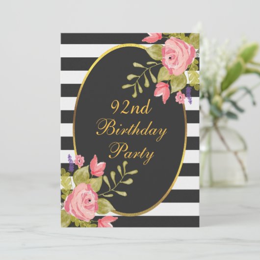 92番目の誕生日フローラストライプ白黒ゴールドフォイル 招待状 (スタンド正面)